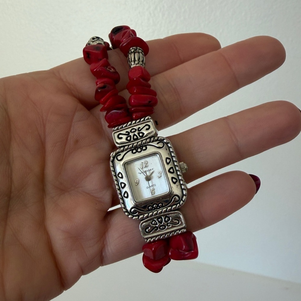 Vintage Red Coral Beaded Silver Southwestern watch